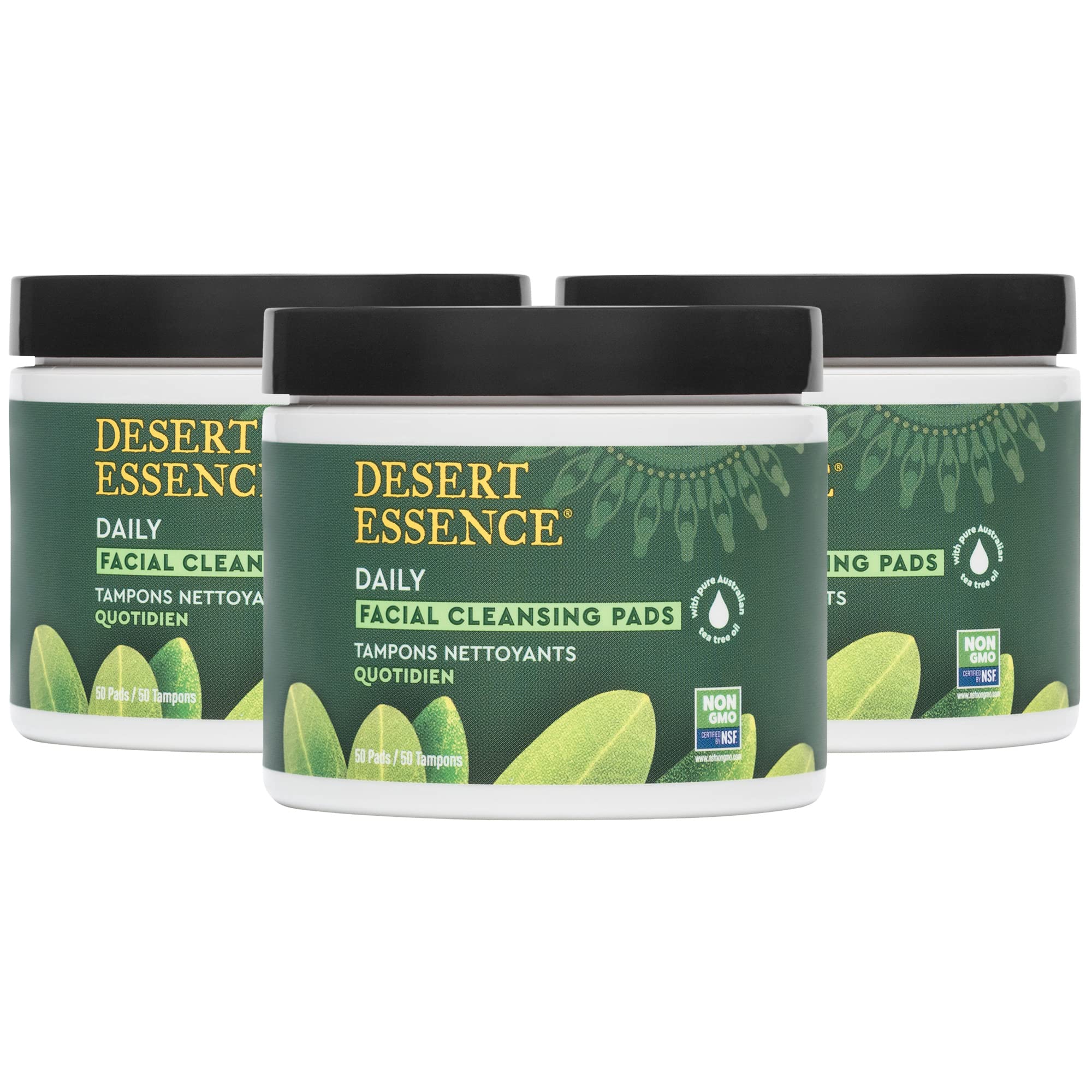 Desert Essence Tea Tree Oil Facial Cleansing Pads (Pack of 3) - 50 Count - Soothing Makeup Remover for Travel
